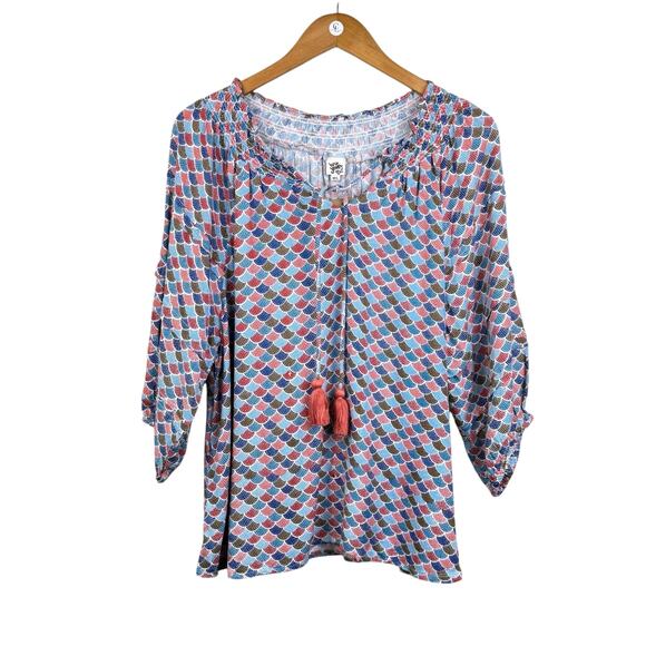 Ivy Jane NWT M/L Orange Blue Mermaid Fish Scale Tassel Neck Relaxed Boho Top - Picture 8 of 11